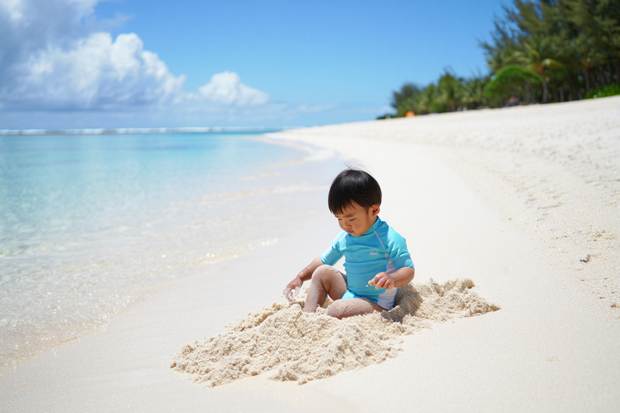 白砂の海岸で遊ぶ赤ちゃん