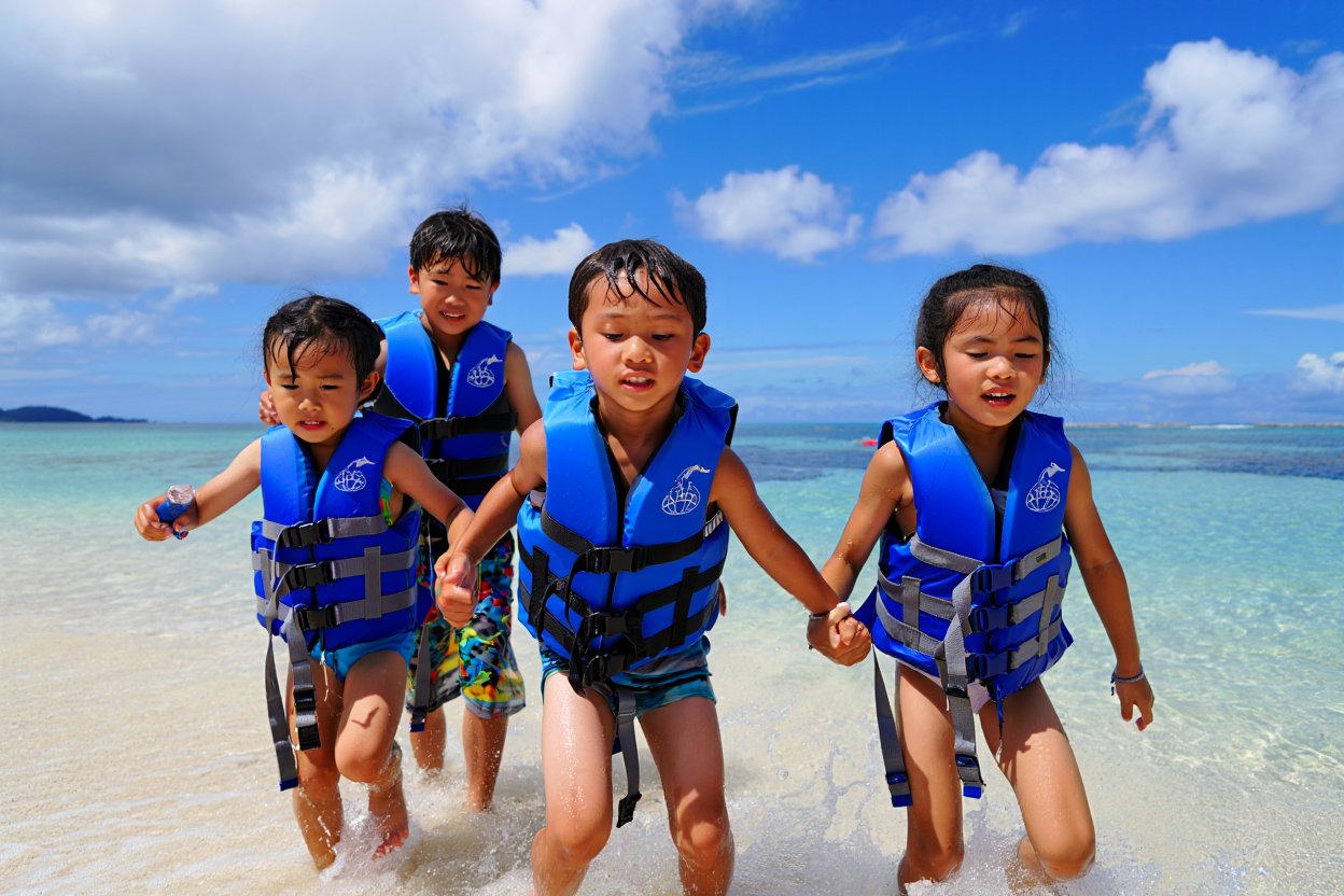 ライフジャケットを着て遊ぶ子供達
