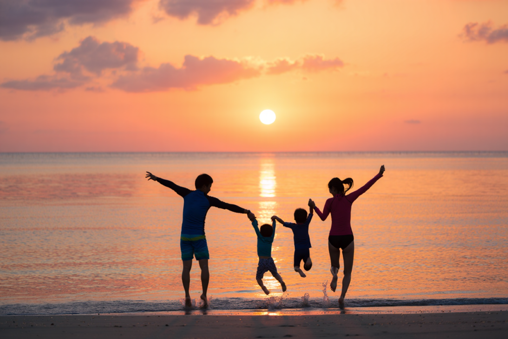 夕焼けの中ジャンプする家族