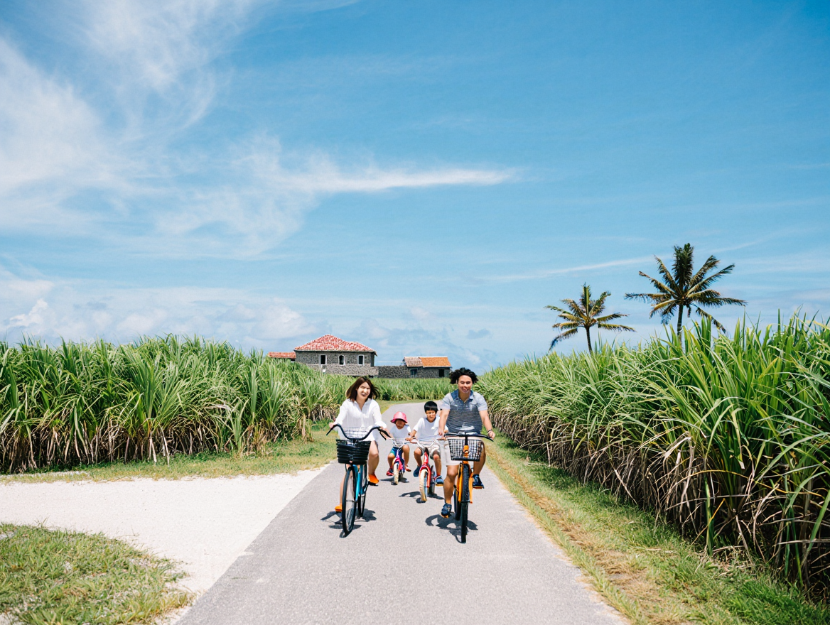 サトウキビ畑を自転車で走る家族