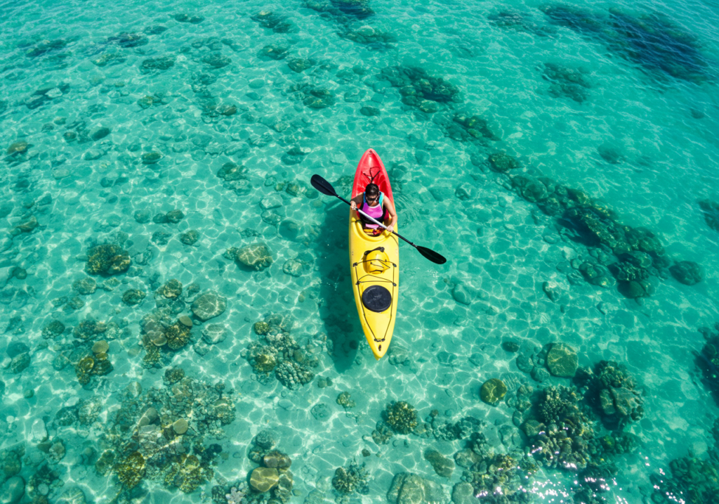 透明な海で下の砂やサンゴが透けている中、カヤックを漕いでる