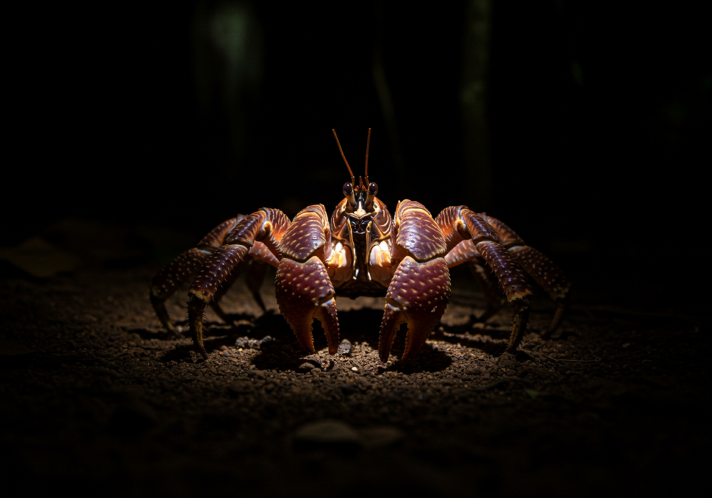 大きなヤシガニを、懐中電灯の明かりで照らしている