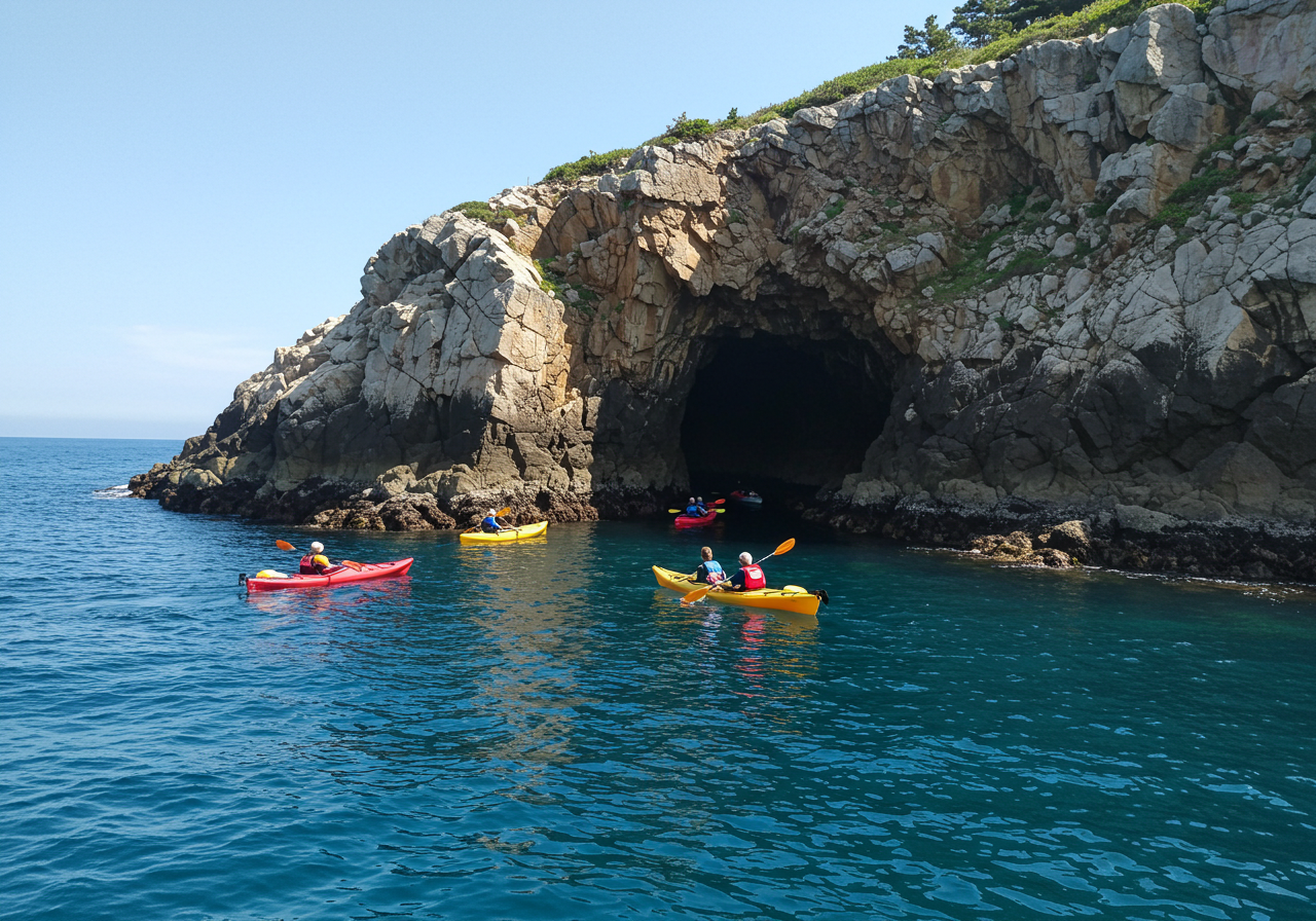 崖の近くの洞窟に集まるシーカヤックツアーの様子