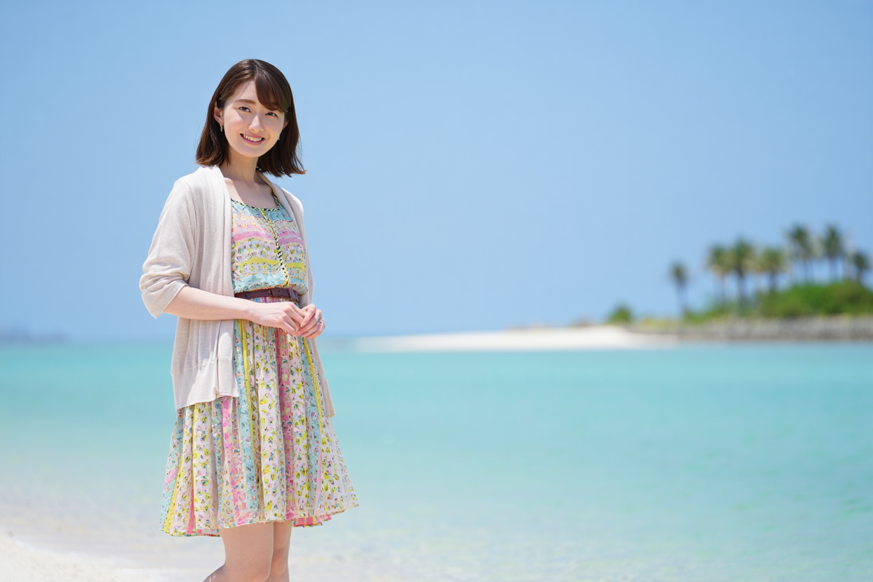 カーデガンを来て日焼け対策をしてビーチに立つ日本人女性