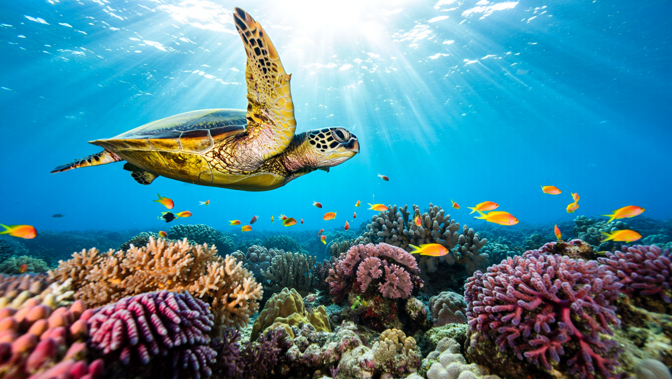 ウミガメと熱帯魚