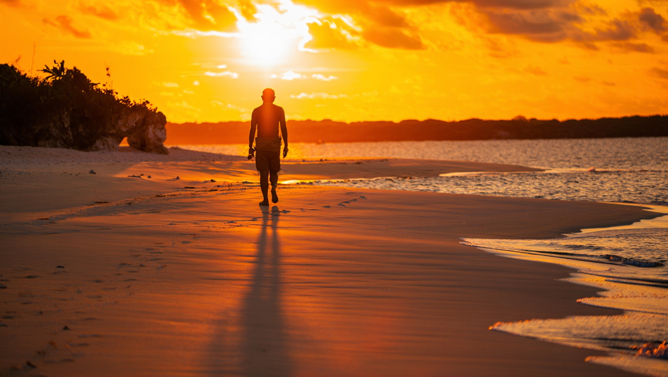 宮古島の美しい夕暮れ時、オレンジ色に染まる空と海を背景に、海岸線を歩く人影