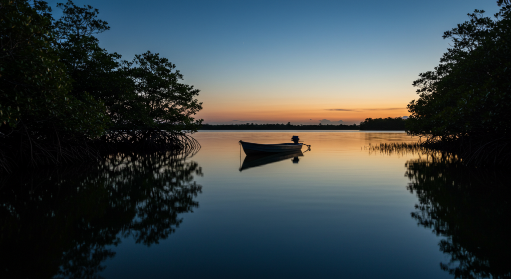夕暮れ時のマングローブ、水面が鏡面でマングローブが映っている！