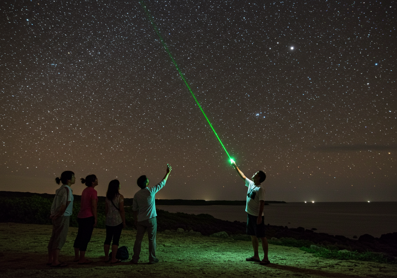 グリーンレーザーで星を差し背t明するガイドと参加者