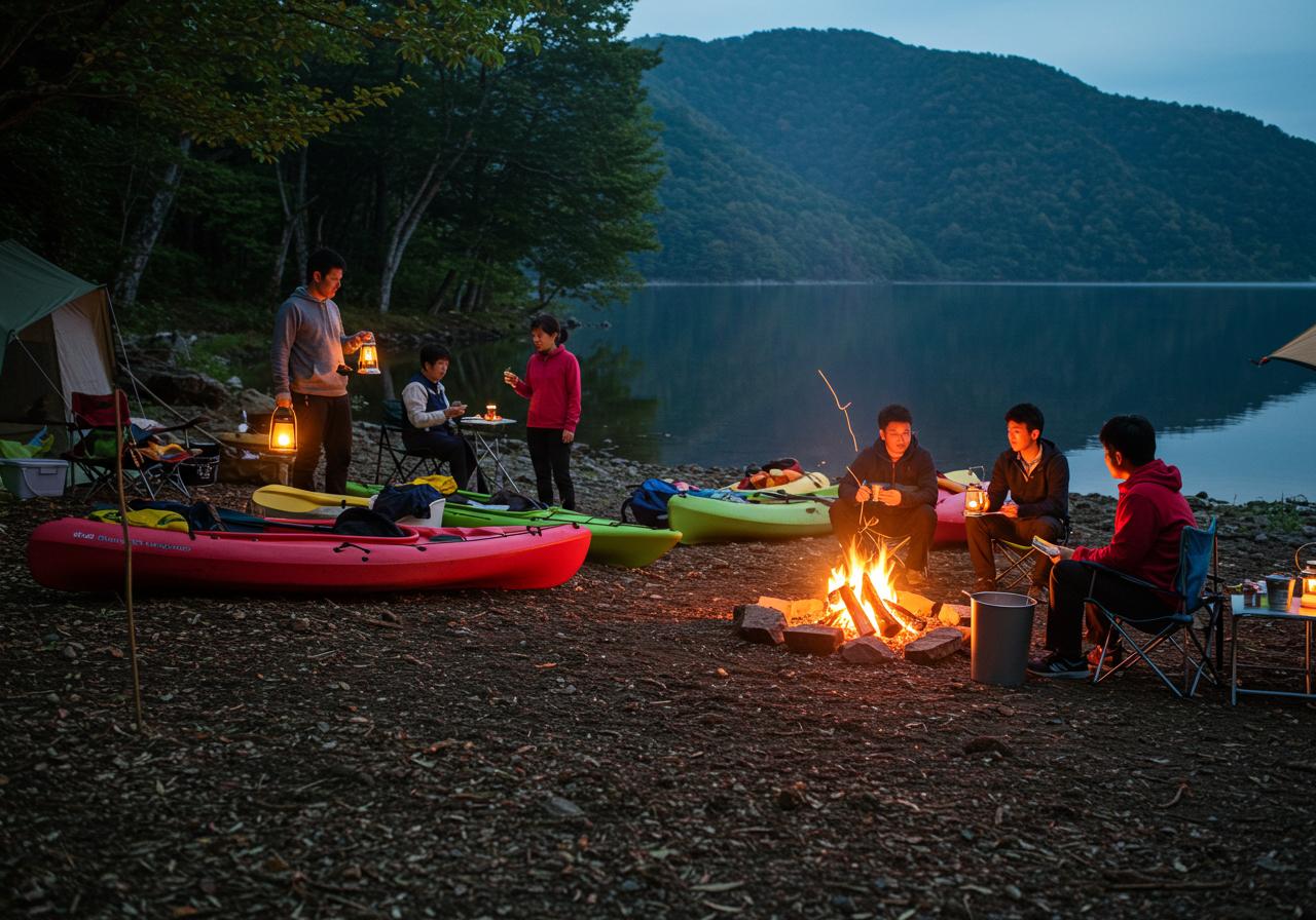 湖畔でカヤック（カヌー）をした後にキャンプをする人たち