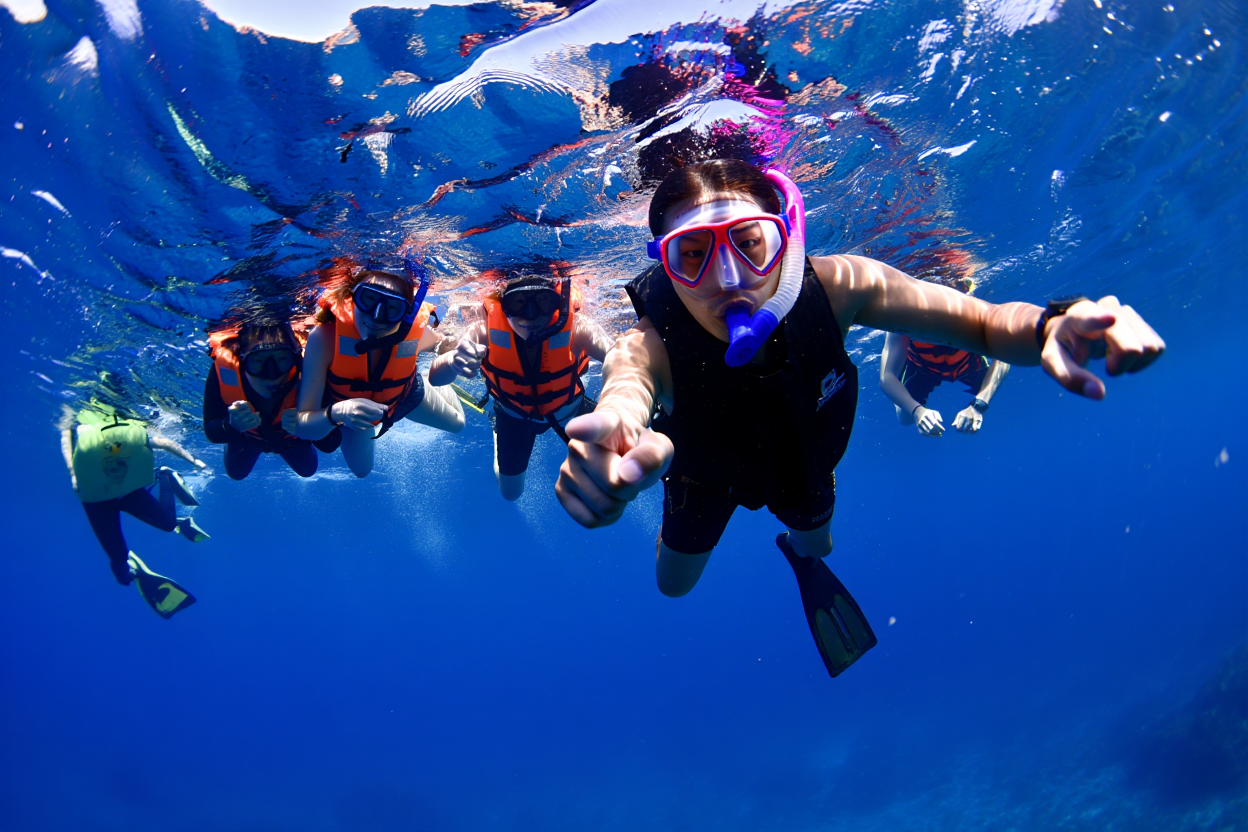 シュノーケリングツアーのガイドさんが、参加者にウミガメがいる方向を指さして教えている水中の様子。参加者は期待感を込めてその方向を見ている。