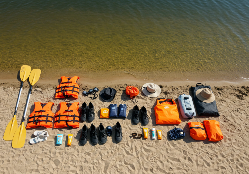 カヌーカヤック装備一式の俯瞰写真