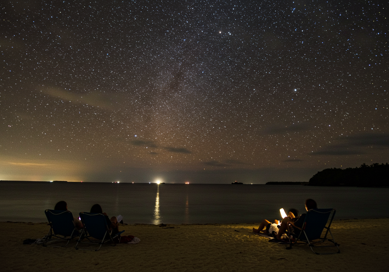満点の星空の下、ビーチチェアにすわりくつろぐ人々