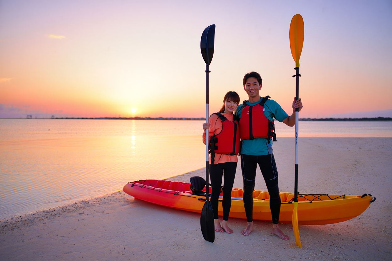 サンセットカヤック後、満足そうな顔のカップル